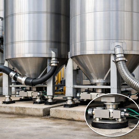 RVS silo’s op stalen poten met load cells eronder gemonteerd voor nauwkeurige weging, inclusief zichtbare flexibele slangen en close-up van een krachtopnemer.